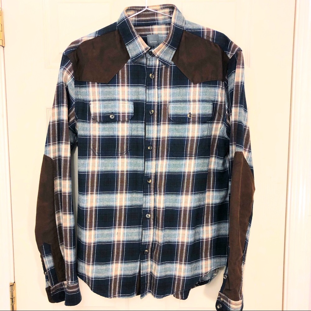 Plaid & Brown Suede Shoulder & Elbow Patch Shirt